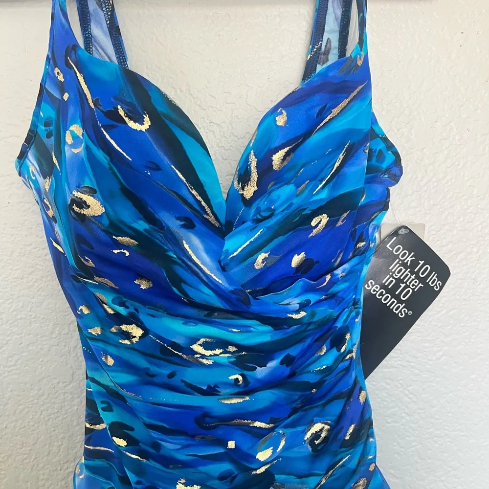 Miraclesuit Blue Multi Ruched One-Piece Swimsuit with Gold Accents